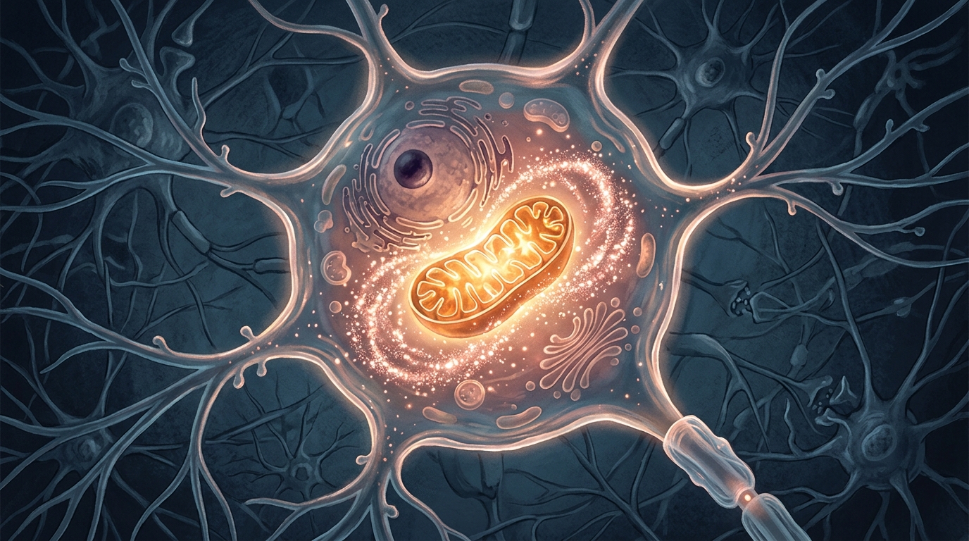 Illustration of a nerve cell cross-section with glowing mitochondria and protective antioxidant field
