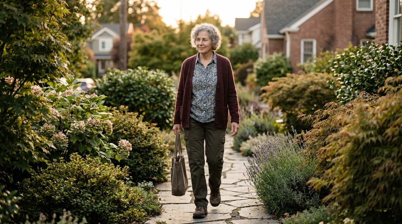 Person in their late 60s walking comfortably through a garden in the afternoon