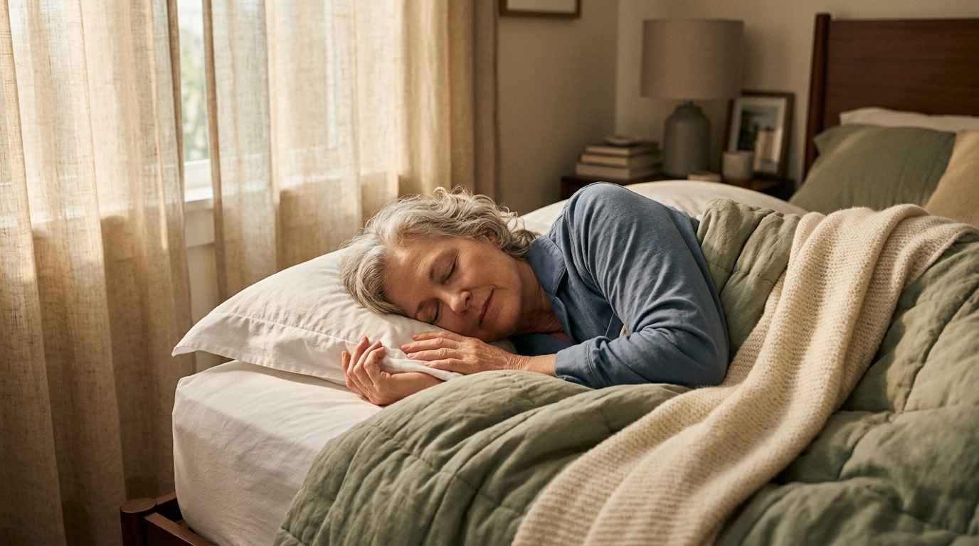 Person in their late 60s sleeping peacefully in a warm, comfortable bed